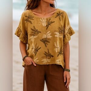 ELENA BALDI Italy  100% Linen Dragonfly Boxy Lagenlook Top SZ Medium